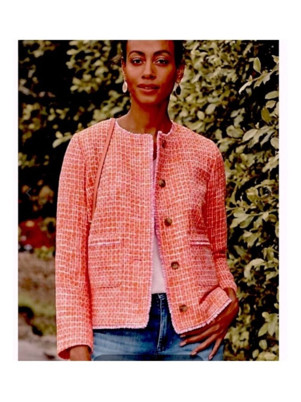 J. Jill Coral Pink Tweed Textured Jacket Fringe Trim Cotton Blend XL - Picture 2 of 8